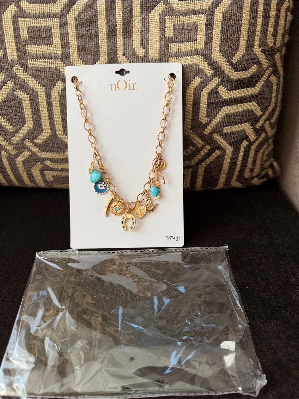 New nOir Jewelry Gold Charm Necklace with Turquoise Beads